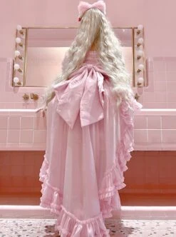 Pink Sweet Lolita Cute Strawberry Bowknot Decoration Oversized Bowknot Long Trailing Design Short-Sleeved Dress -MIMY Lolita Shop 7 500x672 155