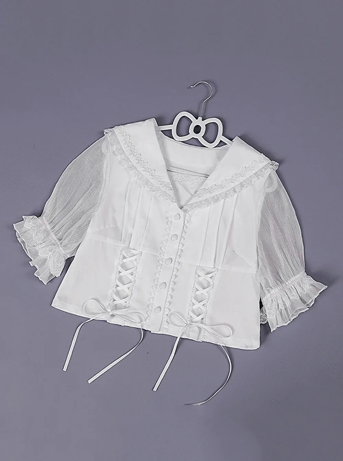 Small Milk Cow Series Lace High Waist Everyday Cute Spots Ruffle Sweet Lolita Sailor Collar Bunny Ears Shirt Sleeveless Dress Set 6 Small Milk Cow Series Lace High Waist Everyday Cute Spots Ruffle Sweet Lolita Sailor Collar Bunny Ears Shirt Sleeveless Dress Set - Image 4