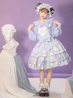 Cream Cat Series Cute Soft Girl Daily Ruffled Bow Kitten Print Sweet Lolita Dress -MIMY Lolita Shop 7 500x672 159