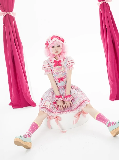 Candy Amusement Park Series Cute Colorful Striped Carousel Print Lace Ruffle Bowknot Sweet Lolita Sleeveless Dress 5 Candy Amusement Park Series Cute Colorful Striped Carousel Print Lace Ruffle Bowknot Sweet Lolita Sleeveless Dress - Image 3