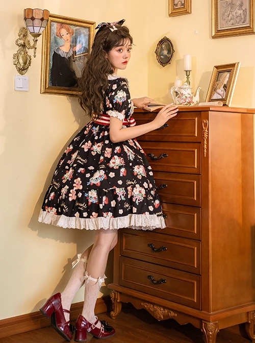 Doll Collar Lace Bear Strawberry Print Puff Sleeve Bow Red And White Striped Belt Sweet Lolita Short Sleeve Dress 10 Doll Collar Lace Bear Strawberry Print Puff Sleeve Bow Red And White Striped Belt Sweet Lolita Short Sleeve Dress - Image 8