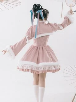 Peach Blossom Fan Series Pink Chinese Style Velvet Embroidery White Fluffy Hair Ball Lace Bowknot Puff Sleeve Short Coat Sleeveless Dress JSK -MIMY Lolita Shop 7 500x672 200