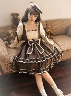 Fog Brown Series Retro Doll Sense Elegant Square Collar Chiffon Puff Sleeve Brown Sweet Lolita Long-Sleeved Dress -MIMY Lolita Shop 7 500x672 203