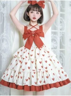 Hi My Sweetheart Series JSK Summer White Short Three-segment Hem Red Love ​Lace Bow Decoration Sweet Lolita Sleeveless Dress -MIMY Lolita Shop 7 500x672 225