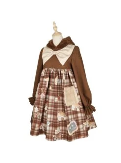Mushroom Raccoon Series OP Cute Printing Plush Pockets Brown Hooded Sweet Lolita Long Sleeve Dress -MIMY Lolita Shop 7 500x672 226