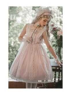 Sugar Dream Series JSK Spring Autumn High Waist Short Sleeve Pink Lace Bow Elegant Sweet Lolita Sling Long Dress And Bib -MIMY Lolita Shop 7 500x672 228