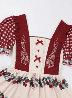 Midsummer Orchard Series Pastoral Style Ruffle Red Cherry Bunny Print Sweet Lolita Checkered Puff Sleeves Dress -MIMY Lolita Shop 7 500x672 240