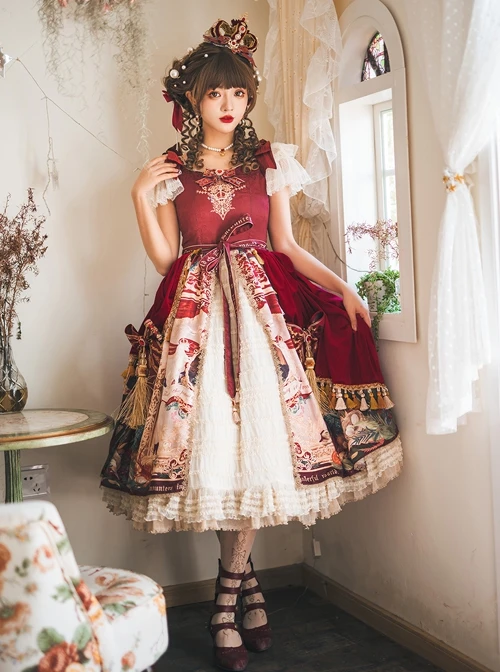 Wanhua Mirror Series Classical Elegant Square Neck Small Fly Sleeve Design Retro Oil Painting Print Ruffle Hem Classic Lolita Short Sleeve Dress 9 Wanhua Mirror Series Classical Elegant Square Neck Small Fly Sleeve Design Retro Oil Painting Print Ruffle Hem Classic Lolita Short Sleeve Dress - Image 7