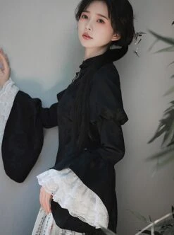 Orchid Pavilion Frosty Moonlit Night Chinese Style Retro Dark Black Witch Sexy Slim Puff Ruffled Sleeves Splice Lace Gothic Lolita Dress Cheongsam -MIMY Lolita Shop 7 500x672 31