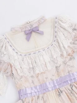 Edwardian Collar Bowknot Decoration Puff Sleeves Lace Ruffles Exquisite Printing Mosaic Crystal Yarn Classic Lolita Short-Sleeved Dress -MIMY Lolita Shop 7 500x672 323