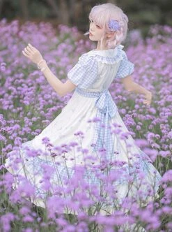 Tulip Bouquet Series Pastoral Style Doll Collar Lace Floral Plaid Lantern Sleeve Classic Lolita Short-Sleeved Dress -MIMY Lolita Shop 7 500x672 325