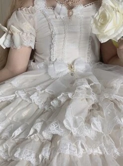 Pure White Elegant Multi-Layer Gorgeous Hem Classic Lolita Bowknot Decoration Short-Sleeved Dress -MIMY Lolita Shop 7 500x672 326