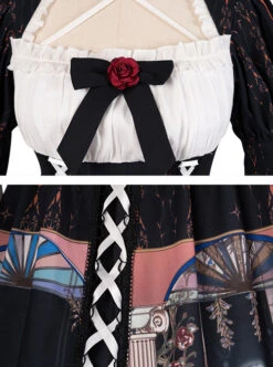 Narkissos Series Printing Retro Black Classic Lolita Short Sleeve Dress -MIMY Lolita Shop 7 500x672 333