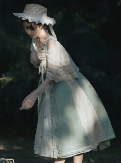 Vintage Gentle Rustic Style Square Neck Lace Decoration Flower Vines Embroidered Front Short Back Long Hem Classic Lolita Sleeveless Dress Set -MIMY Lolita Shop 7 500x672 360