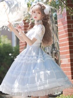 Shell Wind Chime Series Elegant Square Neck Lily-Of-The-Valley Embroidered Polka Dot Yarn Hem Classic Lolita Short-Sleeved Dress -MIMY Lolita Shop 7 500x672 362