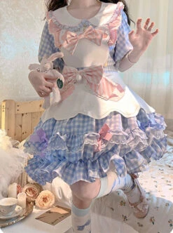 Cute Pastry Chef Checkerboard Design Pleated Ruffled Hem Bow Knot Apron Doll Neckline Classic Lolita Dress -MIMY Lolita Shop 7 500x672 363
