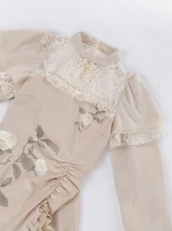 Chinese Style Improved Cheongsam Stand Collar Stitching Translucent Lace Camellia Flower Embroidery Classic Lolita Long-Sleeved Dress -MIMY Lolita Shop 7 500x672 370