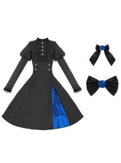 Night Chant Overture Series Blue Rose Bowknot Asymmetrical Design Elegant Classic Lolita Long Sleeves Black Dress Cloak Set -MIMY Lolita Shop 7 500x672 373