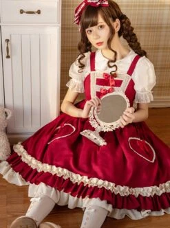 Hawthorn Milk Cover Series Red Cute Daily Lace Bow-Knot Love Heart Decoration Ruffle Hem Classic Lolita Sleeveless Dress -MIMY Lolita Shop 7 500x672 384