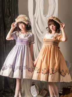 Pastoral Style Round Neck Rose Embroidery Floral Stripe Stitching Pure Color Classic Lolita Short Sleeved Dress -MIMY Lolita Shop 7 500x672 386