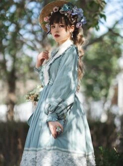 Classic Lolita Simple Jacquard Lace Embroidery Pleated Ruffle Pure Cotton Bow Brooch Decoration Long Sleeves Dress -MIMY Lolita Shop 7 500x672 392
