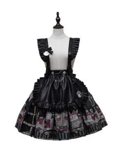 Black Punk Style Cartoon Pattern Print Decoration Pleated Bow Metal Leather Belt Trim Lolita Suspenders Dress -MIMY Lolita Shop 7 500x672 415
