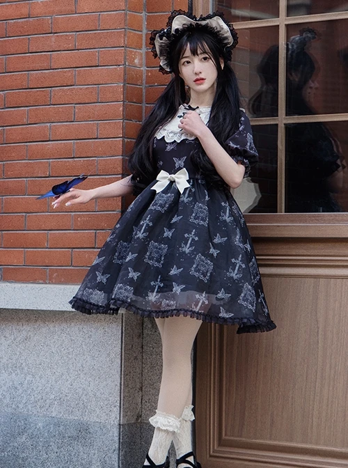 Lace Stitching Round Neck Butterfly Embroidery Cute Puff Sleeve Butterfly Print Daily Simple Gothic Lolita Short Sleeve Dress 5 Lace Stitching Round Neck Butterfly Embroidery Cute Puff Sleeve Butterfly Print Daily Simple Gothic Lolita Short Sleeve Dress - Image 3