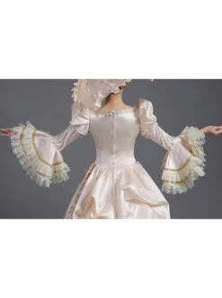 Champagne Square Collar Long Sleeve Lace Bow Shirring Hem Court Prom Lolita Dress -MIMY Lolita Shop 7 500x672 446