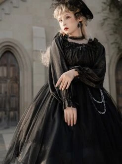 Girl Killer Series Dark Sweet Cool Irregular Halloween Crape Ruffle Bowknots Belt Chain Gothic Lolita Long Sleeves Dress -MIMY Lolita Shop 7 500x672 45