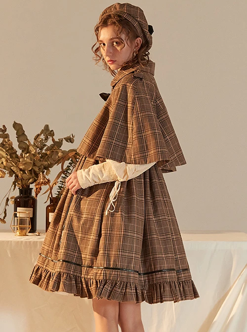 Little Detective Series JSK School Lolita Brown Plaid Sling Dress And Cloak 6 Little Detective Series JSK School Lolita Brown Plaid Sling Dress And Cloak - Image 4