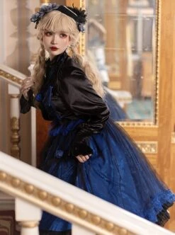 Lonely Laura Series Elegant Mysterious Jacquard Detachable Blue Rose Bowknot Lace Petal Hem Design Gothic Lolita Long Sleeve Dress -MIMY Lolita Shop 7 500x672 6
