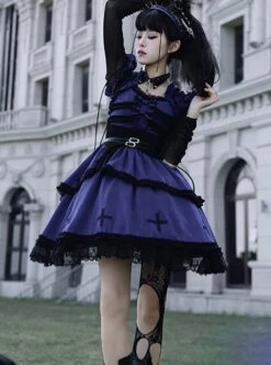 Cycle Series Klein Blue Velvet Halloween Cross Lace Gothic Lolita Short Sleeve Dress -MIMY Lolita Shop 7 500x672 61
