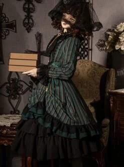 Gothic Style Elegant Retro Stand Collar Stripe Contrasting Color Slim Fit Gothic Lolita Long Sleeve Dress -MIMY Lolita Shop 7 500x672 63