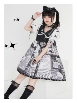 Little Tengu Series OP Doll Collar Printing Black Cute Gothic Lolita Short Sleeve Dress -MIMY Lolita Shop 7 500x672 69