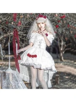 Letters And Poems Gunpowder Series White Pleated Lace Jacquard Drawstring Red Rose Embellishment PU Personalized Girdle Gothic Lolita Dress Set -MIMY Lolita Shop 7 500x672 77