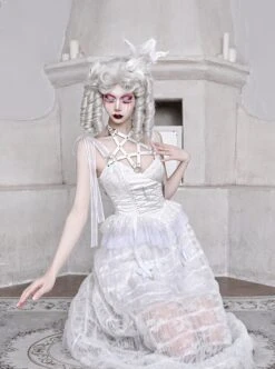 Perspective White Lace Hem Design Asymmetric Stitching V-Neck Detachable Pentagram Accessories Gothic Lolita Sleeveless Dress -MIMY Lolita Shop 7 500x672 8