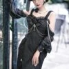 Camellia Series Elegant Black Rose Flower Bow Bead Chain Decoration Irregular Fishtail Hem Gothic Lolita Dress