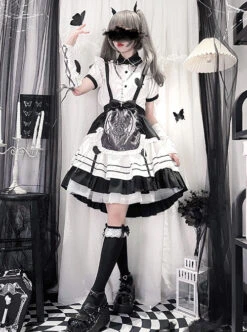 Aries Series JSK British Style Maid Outfit Black Printing Decoration Bow Knots Pleated Lace Gothic Lolita Short Sleeve Dress Set -MIMY Lolita Shop 7 500x672 87
