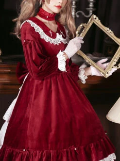 Vintage Velvet Pearl Jacquard Lace Gorgeous Back Slit Bowknot Gothic Lolita Long Sleeve Dress -MIMY Lolita Shop 7 500x672 89