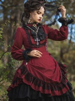 Gothic Style Pure Color Retro Elegant Stand Collar Striped Gothic Lolita Slim Fit Long Sleeve Dress -MIMY Lolita Shop 7 500x672 9