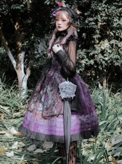 Gothic Vintage Print Grape Bow Decorative Ruffle Hem Gothic Lolita Sleeveless Dress -MIMY Lolita Shop 7 500x672 90