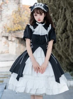 Contract Phantom Night Stone Series Gothic Girl Court Style Black White Detachable Sleeves Gothic Lolita Short-Sleeved Dress -MIMY Lolita Shop 7 500x672 95
