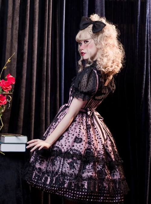 Striped Witch Cat Print Detachable Black Star Lace Net Yarn Halloween Gothic Lolita Sleeveless Dress 8 Striped Witch Cat Print Detachable Black Star Lace Net Yarn Halloween Gothic Lolita Sleeveless Dress - Image 6