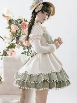 Autumn Winter Special Edition Multicolor Splicing Design Big Bowknot Cute Fur Ball Plaid Snow White Matcha Sweet Lolita Sleeveless Dress JSK -MIMY Lolita Shop 8 500x672 108