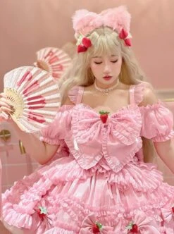 Pink Sweet Lolita Cute Strawberry Bowknot Decoration Oversized Bowknot Long Trailing Design Short-Sleeved Dress -MIMY Lolita Shop 8 500x672 125