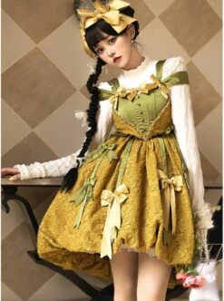 Vanity Movement Series Sweet Lolita Bowknots Pendant Jacquard Embroidery Bud Type Pleated Sling Dress Set -MIMY Lolita Shop 8 500x672 126