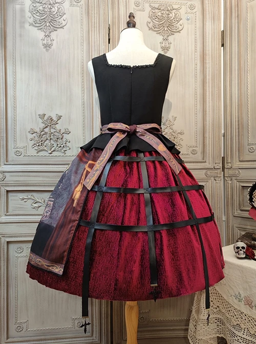 Gothic Strange Circus Skeleton Pattern Print Trim Tight Velvet Vest Pleated Hem Cross Straps Belt Lolita Dress 4 Gothic Strange Circus Skeleton Pattern Print Trim Tight Velvet Vest Pleated Hem Cross Straps Belt Lolita Dress - Image 2