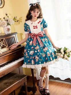 Doll Collar Lace Bear Strawberry Print Puff Sleeve Bow Red And White Striped Belt Sweet Lolita Short Sleeve Dress 16 Doll Collar Lace Bear Strawberry Print Puff Sleeve Bow Red And White Striped Belt Sweet Lolita Short Sleeve Dress -MIMY Lolita Shop 8 500x672 151