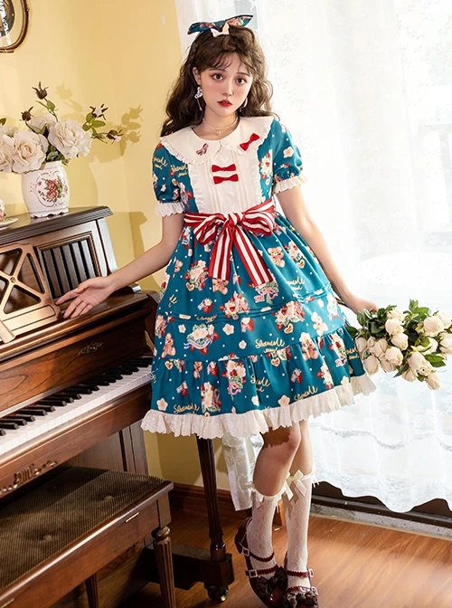 Doll Collar Lace Bear Strawberry Print Puff Sleeve Bow Red And White Striped Belt Sweet Lolita Short Sleeve Dress 6 Doll Collar Lace Bear Strawberry Print Puff Sleeve Bow Red And White Striped Belt Sweet Lolita Short Sleeve Dress - Image 4