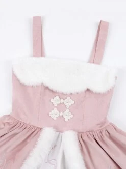 Peach Blossom Fan Series Pink Chinese Style Velvet Embroidery White Fluffy Hair Ball Lace Bowknot Puff Sleeve Short Coat Sleeveless Dress JSK -MIMY Lolita Shop 8 500x672 162